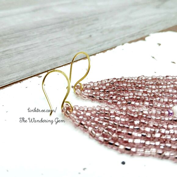 Pink & White Beaded Fringe Cascade Shoulder Duster Dangle Earrings, 3.5" - Picture 7 of 7